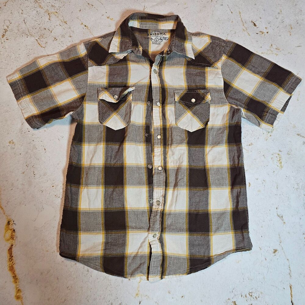 Arizona Jean Co Boys Plaid Button Up Shirt Size Large Brown Yellow Short EUC